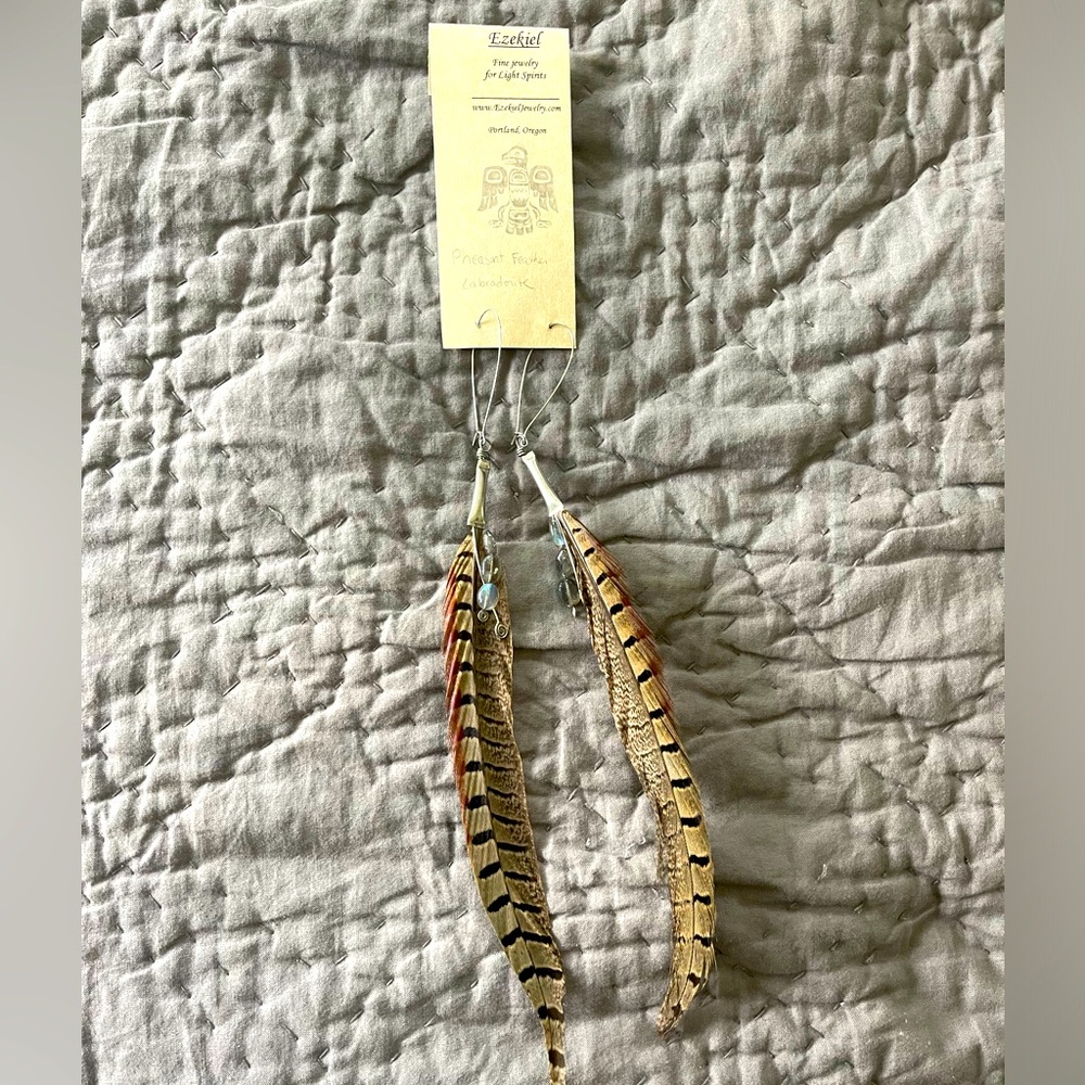 NWT Pheasant feather & labradorite silver tone 11in dangly bohemian earrings